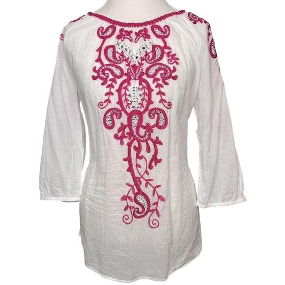 CHICO'S Anelle Blouse 3/4 sleeves Embroidered Embellished White Fuchsia Like new - Picture 5 of 16